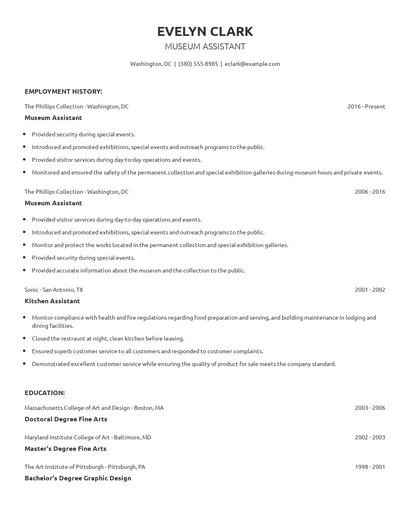 Museum Assistant Resume
