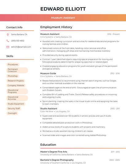 Museum Assistant Resume