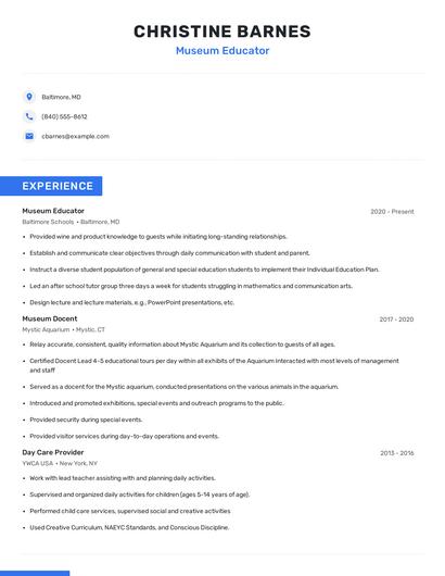 Museum Educator Resume