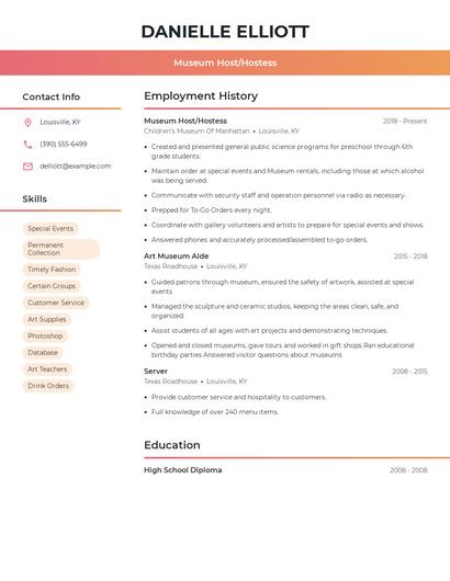 Museum Host/Hostess Resume