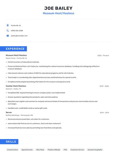 Museum Host/Hostess Resume