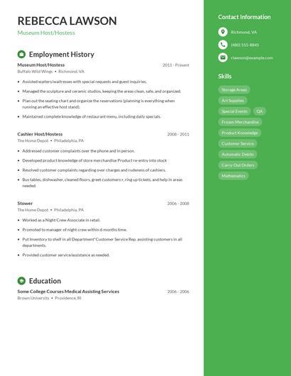 Museum Host/Hostess Resume