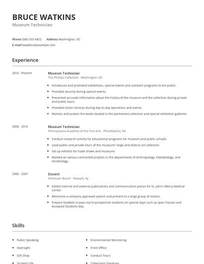 Museum Technician Resume