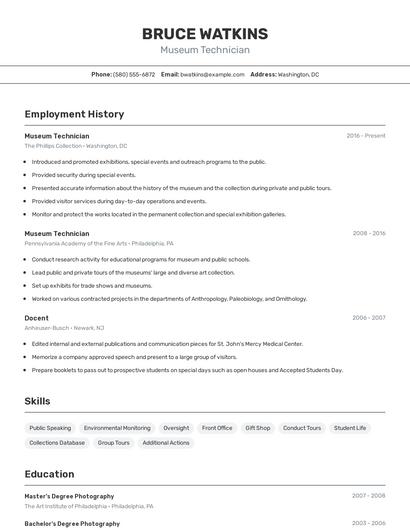 Museum Technician Resume