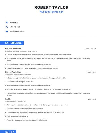 Museum Technician Resume