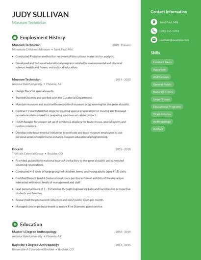 Museum Technician Resume