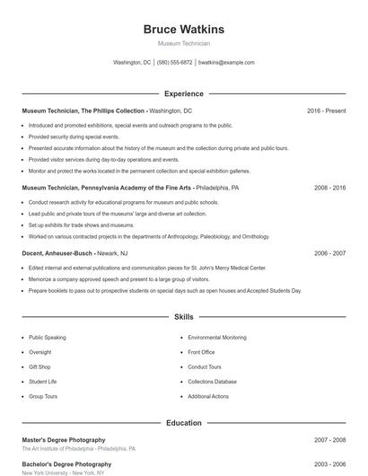 Museum Technician Resume