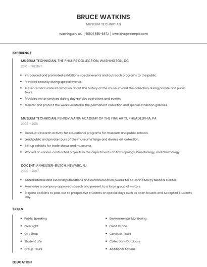 Museum Technician Resume