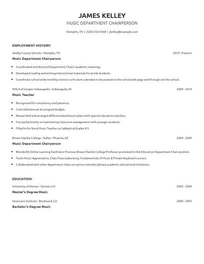 Music Department Chairperson Resume