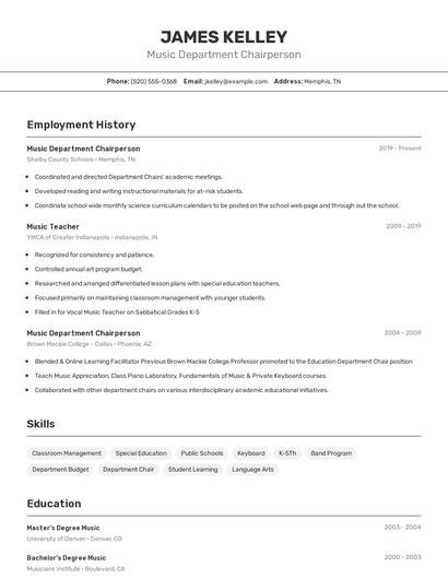 Music Department Chairperson Resume