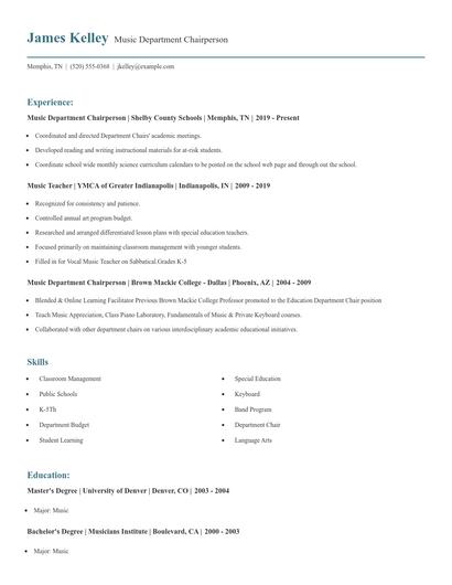 Music Department Chairperson Resume