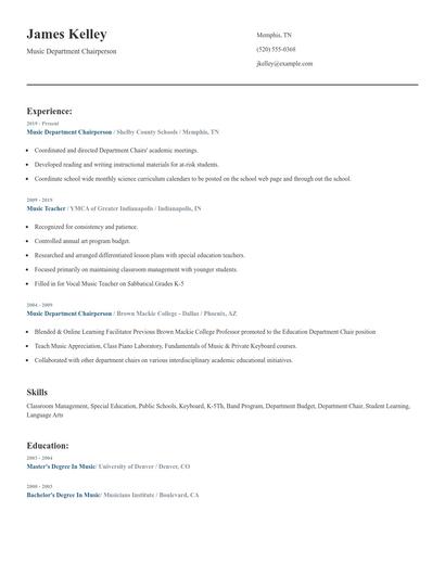 Music Department Chairperson Resume
