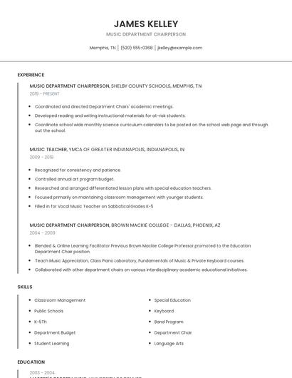 Music Department Chairperson Resume