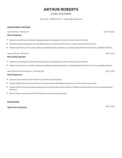 Music Engineer Resume