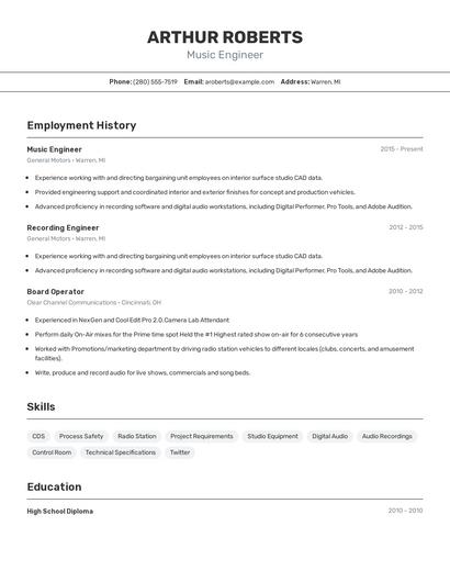 Music Engineer Resume
