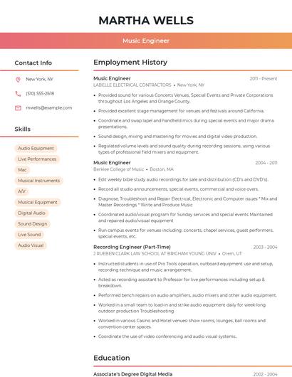 Music Engineer Resume