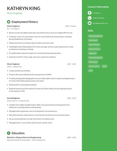 Music Engineer Resume