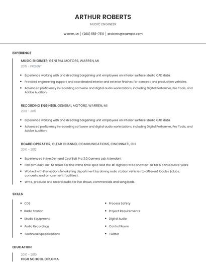 Music Engineer Resume