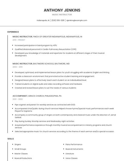 Music Instructor Resume