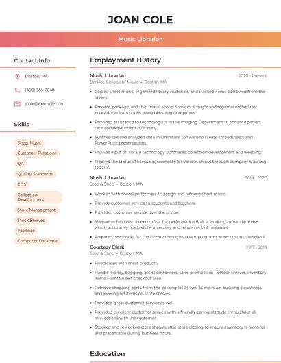 Music Librarian Resume