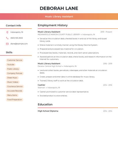 Music Library Assistant Resume
