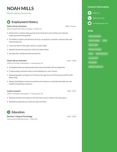 Music Library Assistant Resume