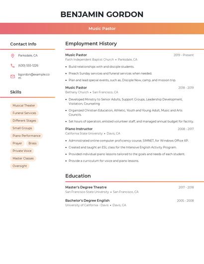 Music Pastor Resume