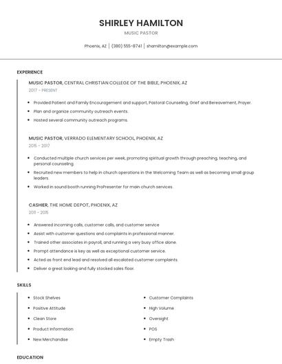 Music Pastor Resume