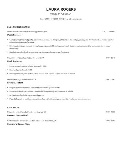 Music Professor Resume