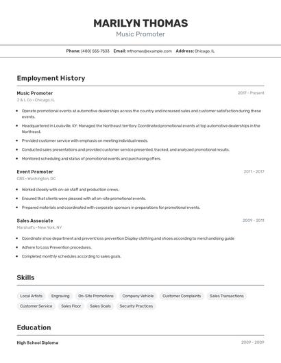Music Promoter Resume
