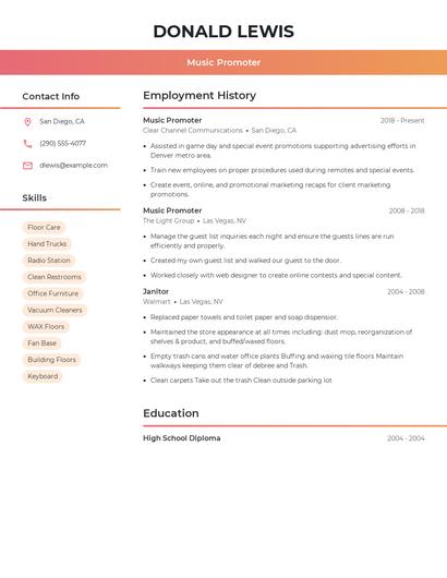Music Promoter Resume