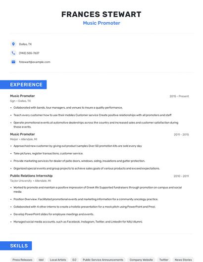 Music Promoter Resume
