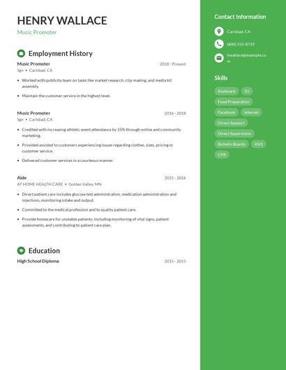 Music Promoter Resume