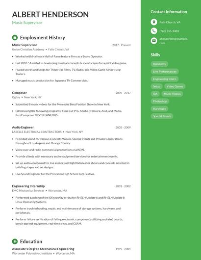 Music Supervisor Resume