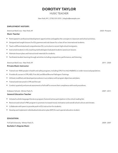 Music Teacher Resume