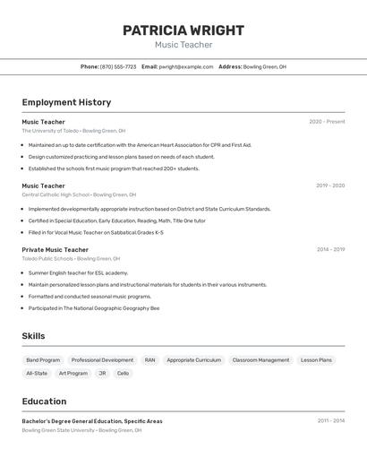 Music Teacher Resume