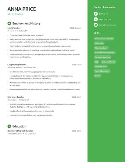 Music Teacher Resume