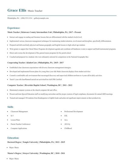 Music Teacher Resume