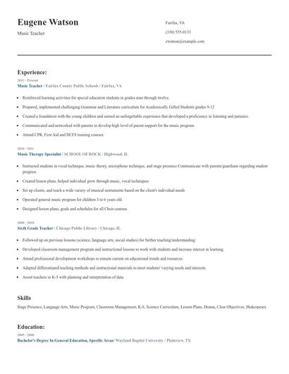 Music Teacher Resume