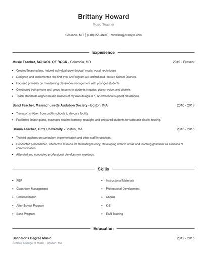 Music Teacher Resume