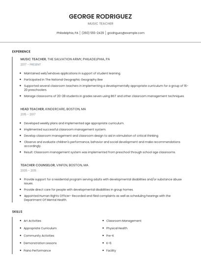 Music Teacher Resume