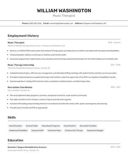 Music Therapist Resume