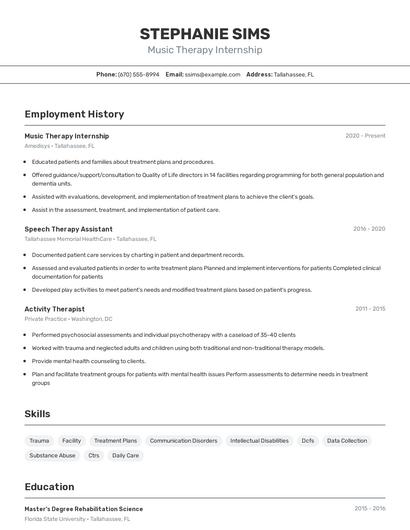 Music Therapy Internship Resume