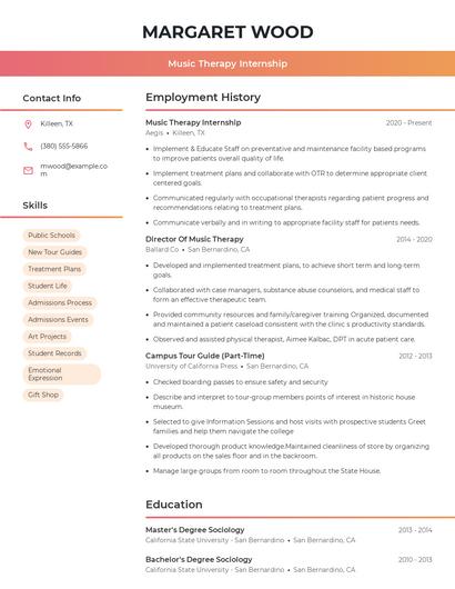 Music Therapy Internship Resume
