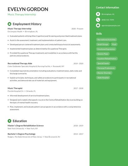 Music Therapy Internship Resume