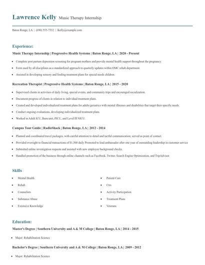 Music Therapy Internship Resume