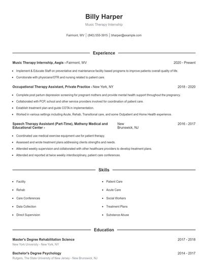 Music Therapy Internship Resume