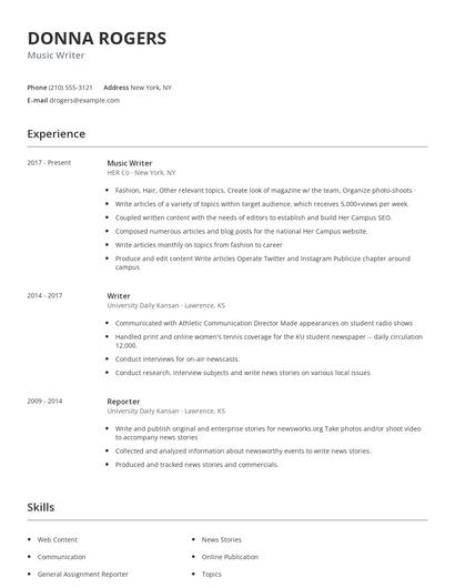 Music Writer Resume