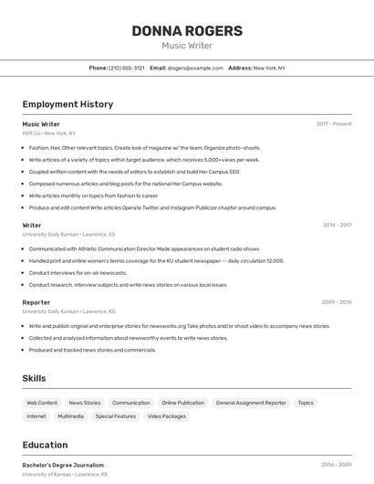 Music Writer Resume