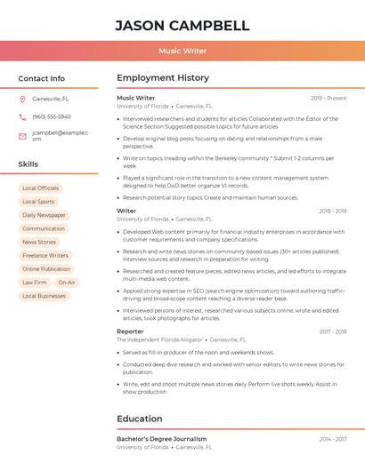 Music Writer Resume